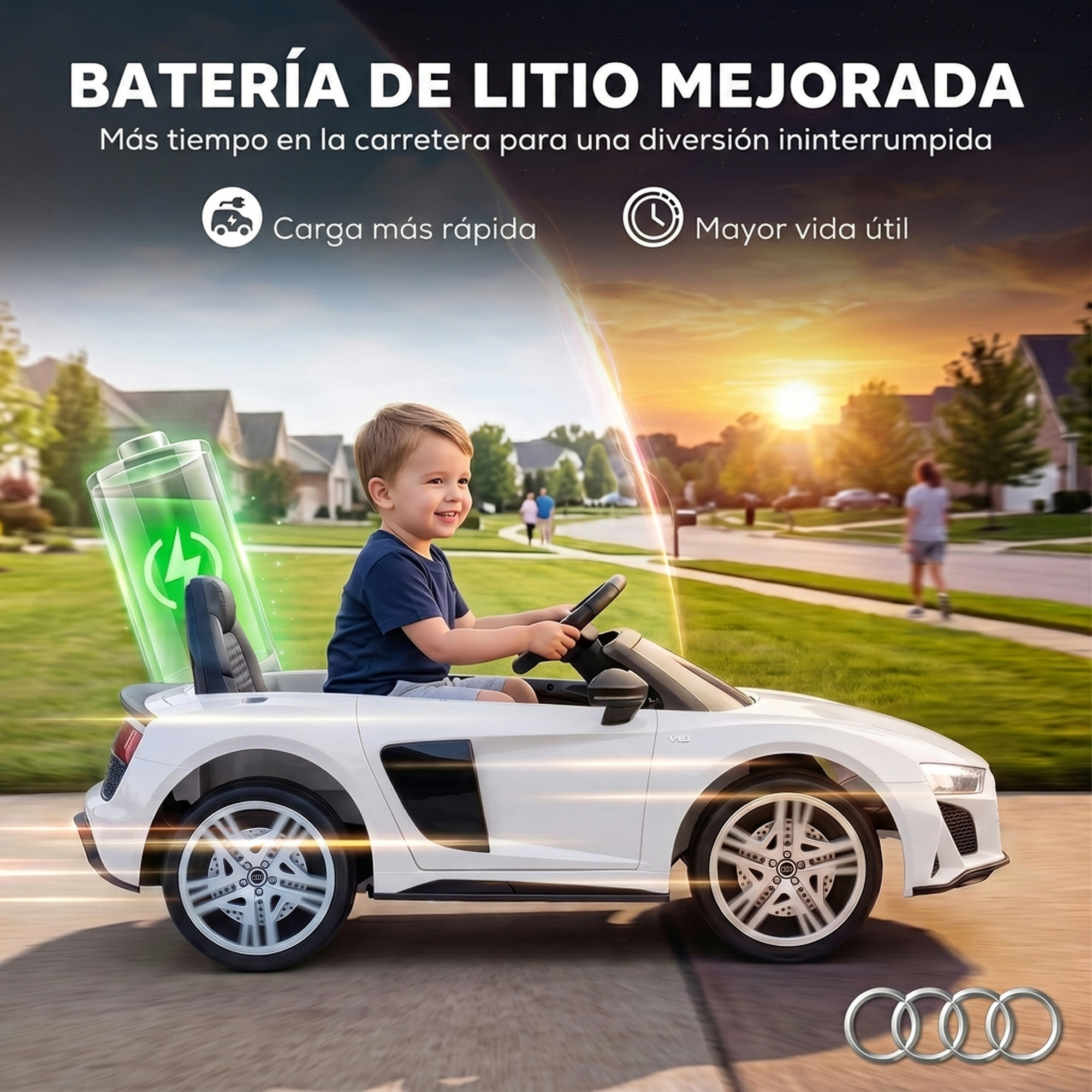 Coche Eléctrico para Niños Audi R8 Spyder Coche de Batería Litio 12V con Mando a Distancia 2,4 G 2 Motores Arranque Suave Suspensión Trasera Música Bocina USB Faros LED +3 Años 3-5km/h Blanco