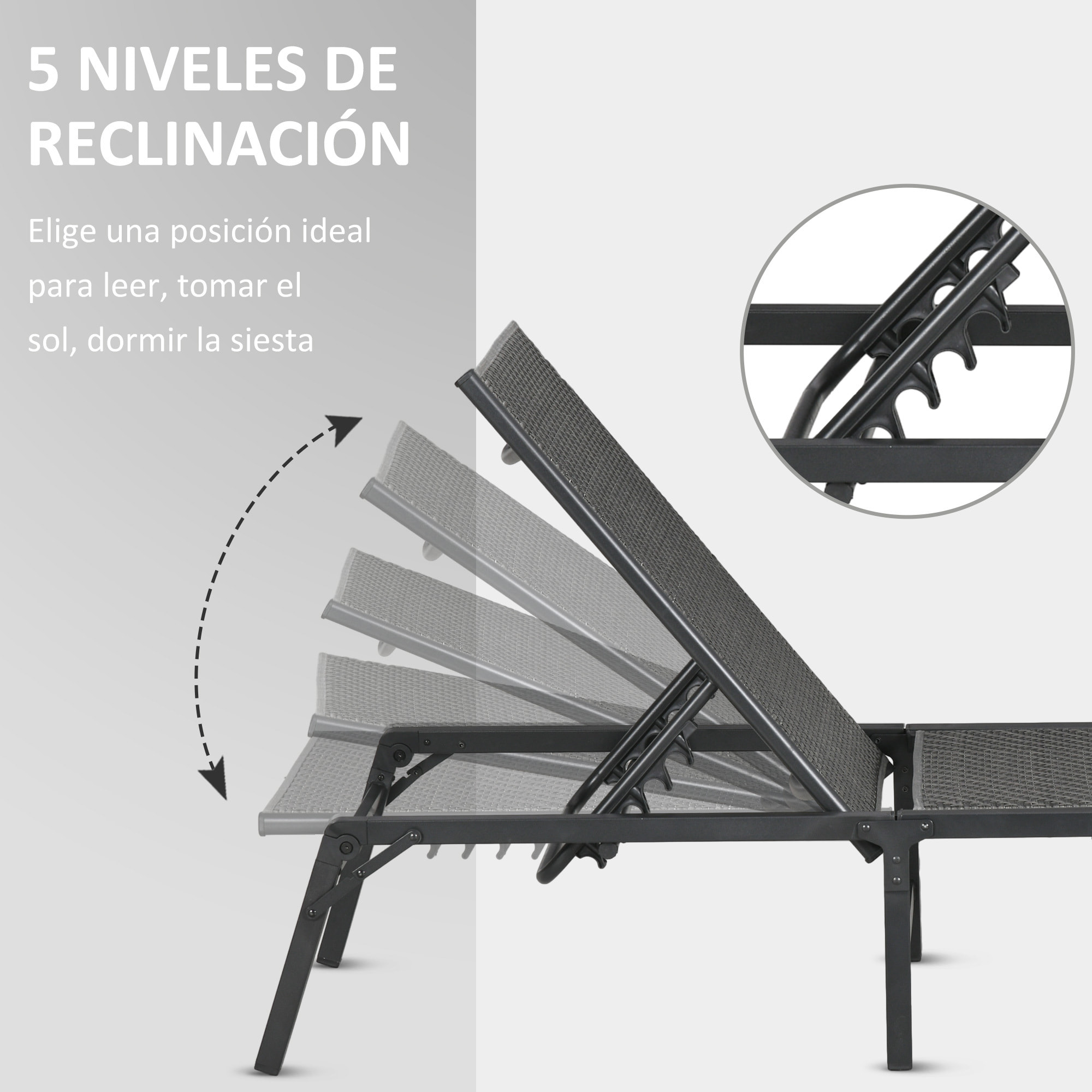 Outsunny Tumbona de Ratán Sintético Plegable Tumbona para Jardín con Respaldo Ajustable en 5 Niveles y Marco de Acero Carga 150 kg para Patio Terraza Gris