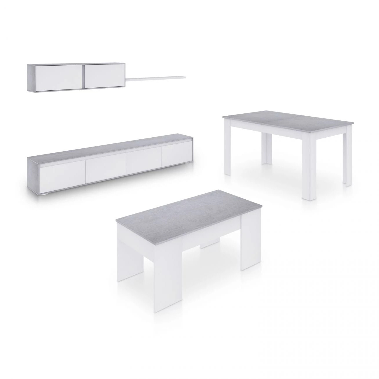 Pack salón con mesa de centro y mesa de comedor Arlet Max V2B Blanco Artik (Blanco Mate) - Gris Cemento