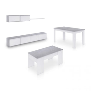 Pack salón con mesa de centro y mesa de comedor Arlet Max V2B Blanco Artik (Blanco Mate) - Gris Cemento