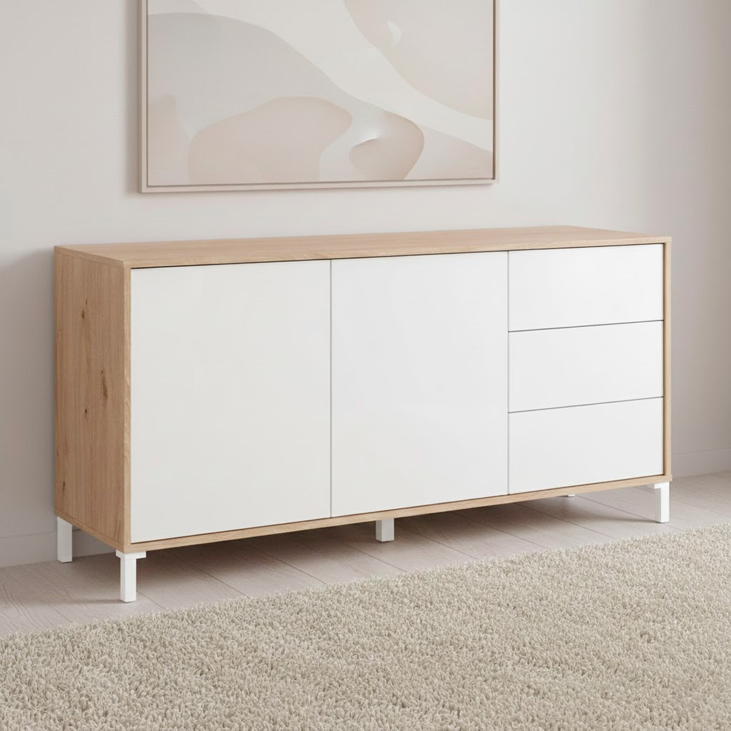 Credenza Madia Con 2 Ante E 3 Cassetti Mobile Contenitore Moderno Con Ripiani Interni Guide In Metallo E Piedini ABS 154 x 41 x 75 Cm Rovere E Bianco