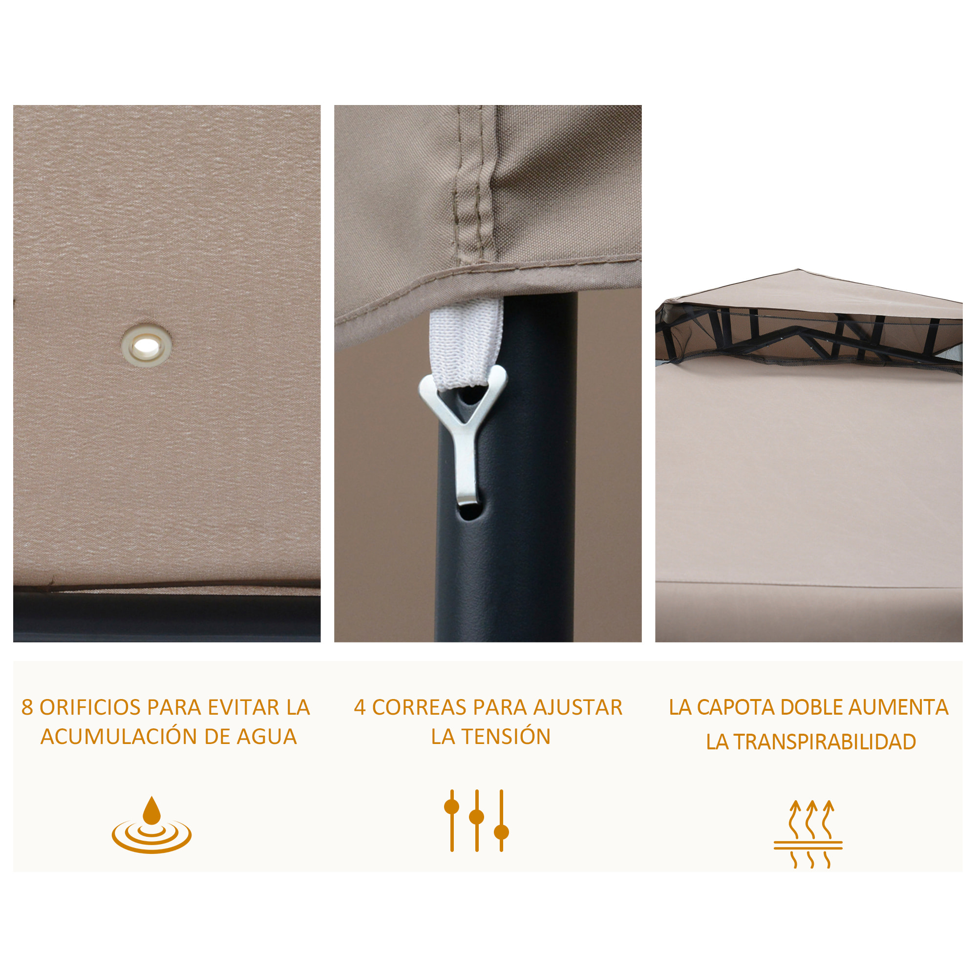 Cenador de Jardín 3x3 m Pabellón de Exterior con Doble Techo de Ventilación 4 Cortinas Mosquiteras Laterales con Cremallera 4 Orificios de Drenaje para Fiestas Patio Marrón Pardo