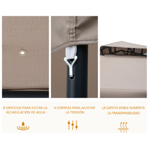 Cenador de Jardín 3x3 m Pabellón de Exterior con Doble Techo de Ventilación 4 Cortinas Mosquiteras Laterales con Cremallera 4 Orificios de Drenaje para Fiestas Patio Marrón Pardo