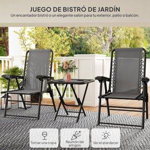 Conjunto de Mesa y Sillas de Terraza Exterior de 3 Piezas Muebles de Jardín Exterior Plegables con Estructura de Acero y Portavasos para Patio Gris Oscuro