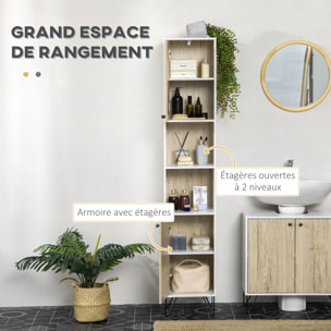 Meuble colonne rangement salle de bain style cosy 2 niches 2 portes avec étagère piètement épingle acier noir blanc aspect chêne clair