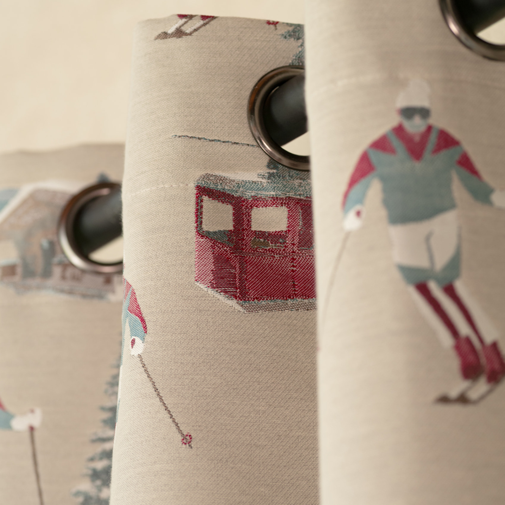 Rideau jacquard à œillets avec motifs skieurs et sapins - Lin