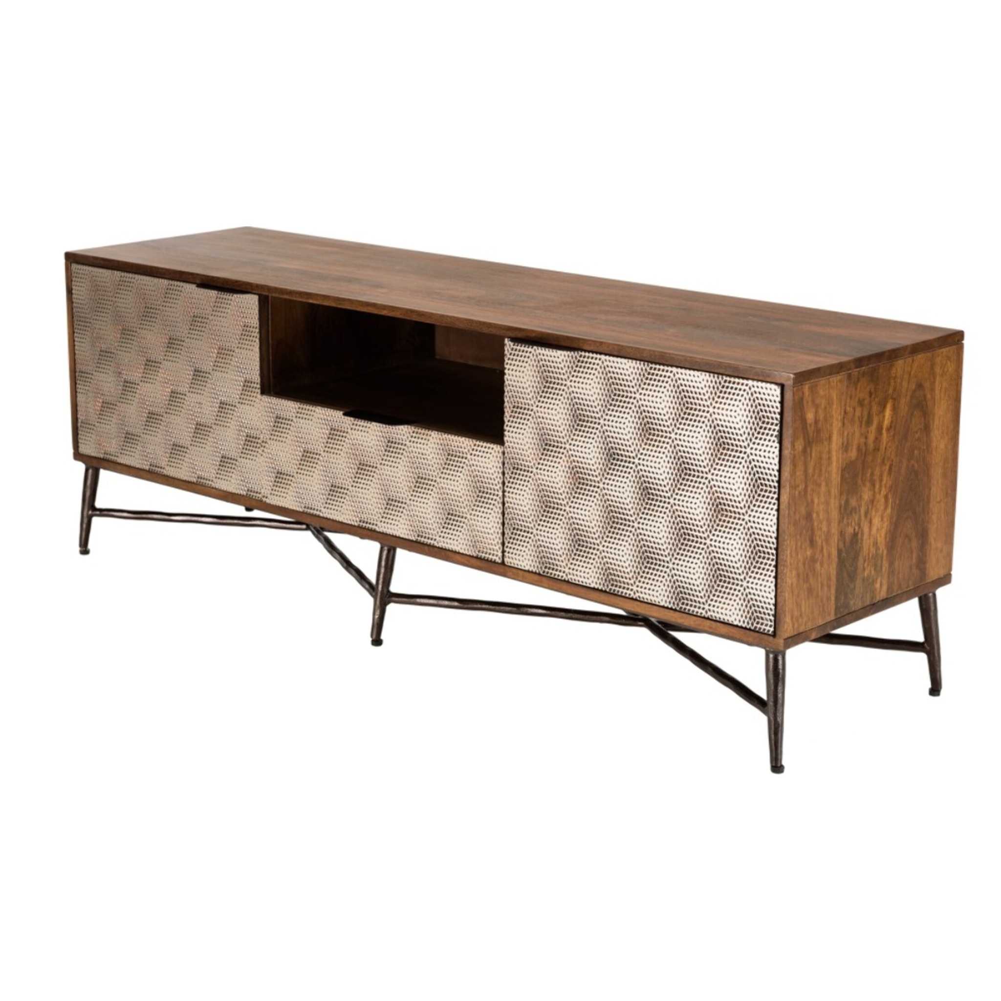 ALIX - Meuble TV en bois de manguier 2 portes 1 tiroir motifs ethniques
