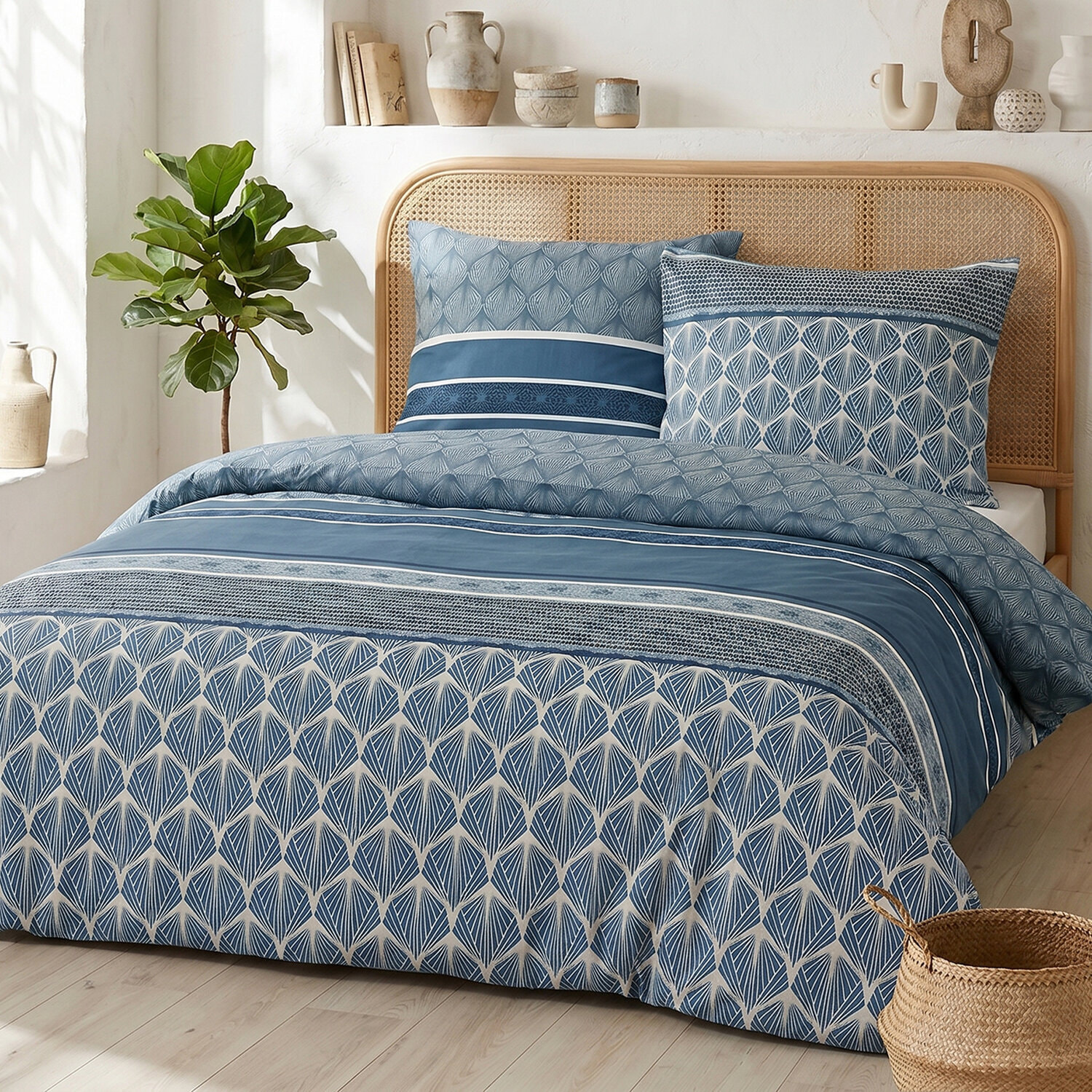 Parure housse de couette 260x240 cm imprimée contemporain bleu + 2 taies 100% Coton - OASILIS