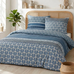 Parure housse de couette 260x240 cm imprimée contemporain bleu + 2 taies 100% Coton - OASILIS