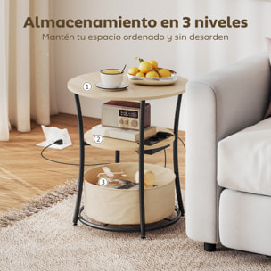Mesa Auxiliar Redonda de 3 Niveles con Estación de Carga, Mesita Auxiliar Industrial con 2 Estantes Abiertos, Bolsa de Almacenaje, para Salón, Dormitorio, Librería, Ø50x55,1 cm, Madera Natural