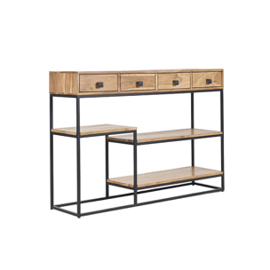 Console industrielle avec rangements 4 tiroirs en bois massif et métal noir L115 cm GRENELLE