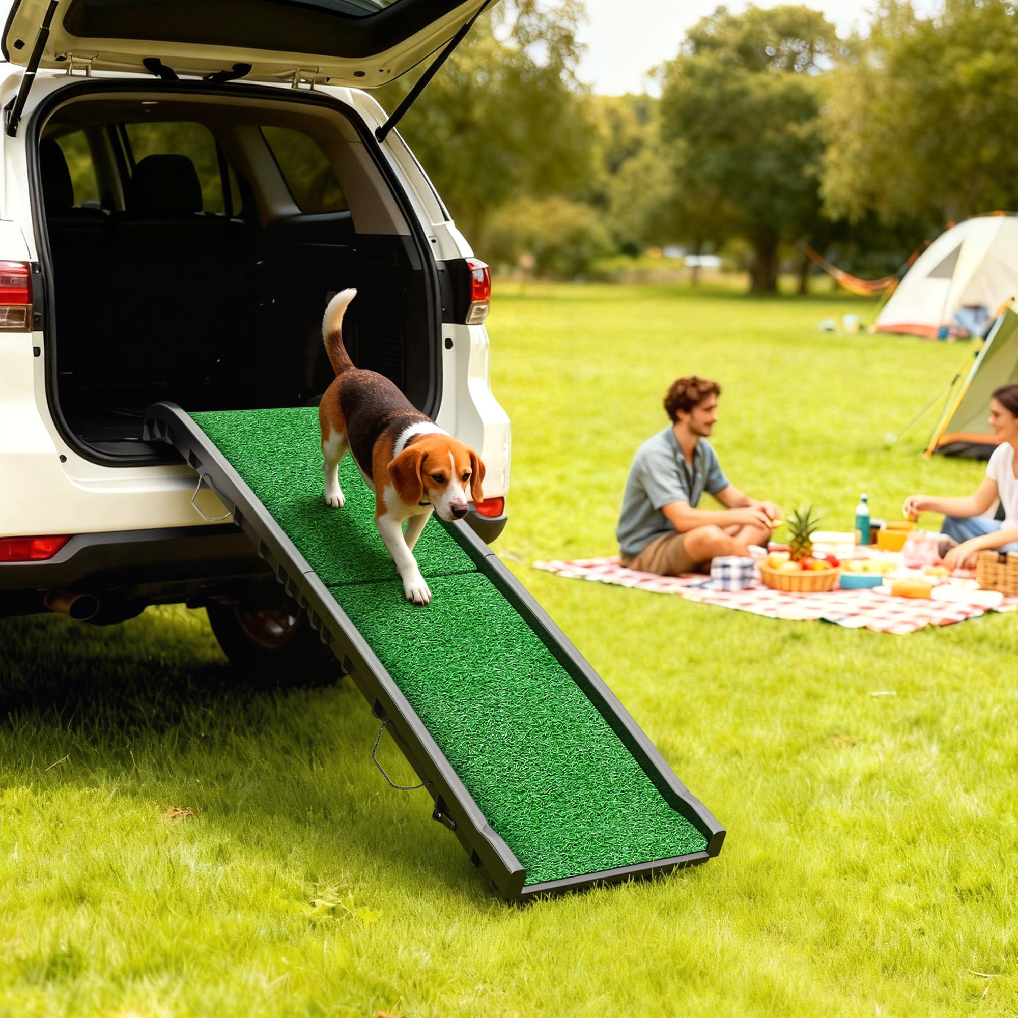 Rampa para Perros con Césped Artificial, 155 cm, Rampa para Perros para Coche Plegable con Asa, Ángulo Ajustable, Antideslizante, para Todas las Razas, para Cama, Sofá, Verde