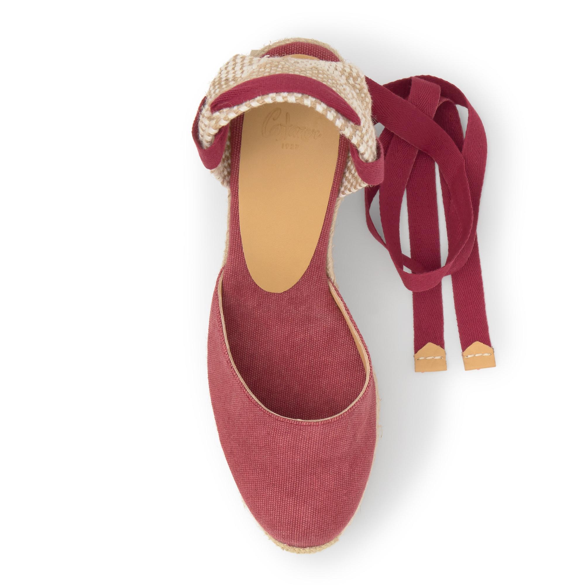Alpargata de cuña 8 cm en lona de algodón con cintas al tobillo y talonera trenzada