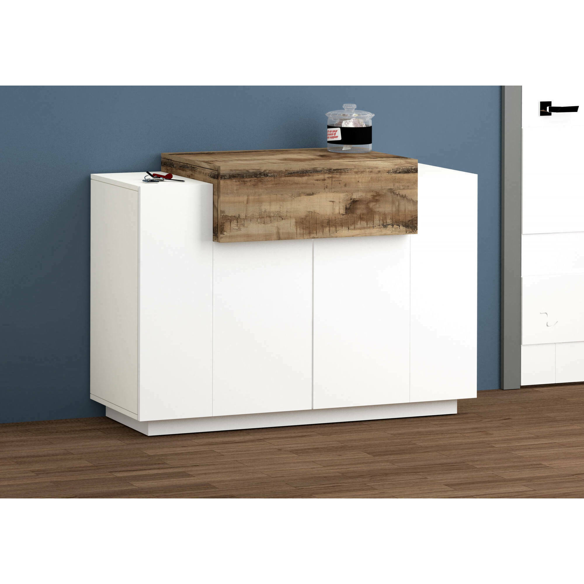 Scarpiera moderna, Made in Italy, a 2 ante e 1 anta a ribalta, Portascarpe da ingresso, Mobile multiuso, cm 120x45h86, colore Bianco lucido e Acero