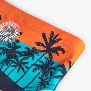 Bañador slip niño estampado, palmeras, naranja