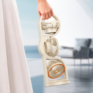 Ventilador de sobremesa F17. Con 3 ventiladores independientes, 5 velocidades por unidad y giro 360° vertical y horizontal. Incluye iluminación con 3 niveles de intensidad.