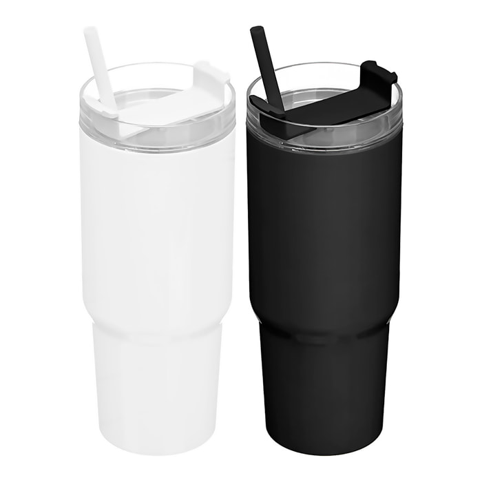 Confezione da 2 bicchieri con cannuccia da 750 ml. Assortimento di 2 colori nero e bianco