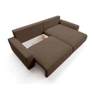 Mini Pivoine - Canapé d'angle réversible 4 places convertible avec coffre en velours texturé - Marron