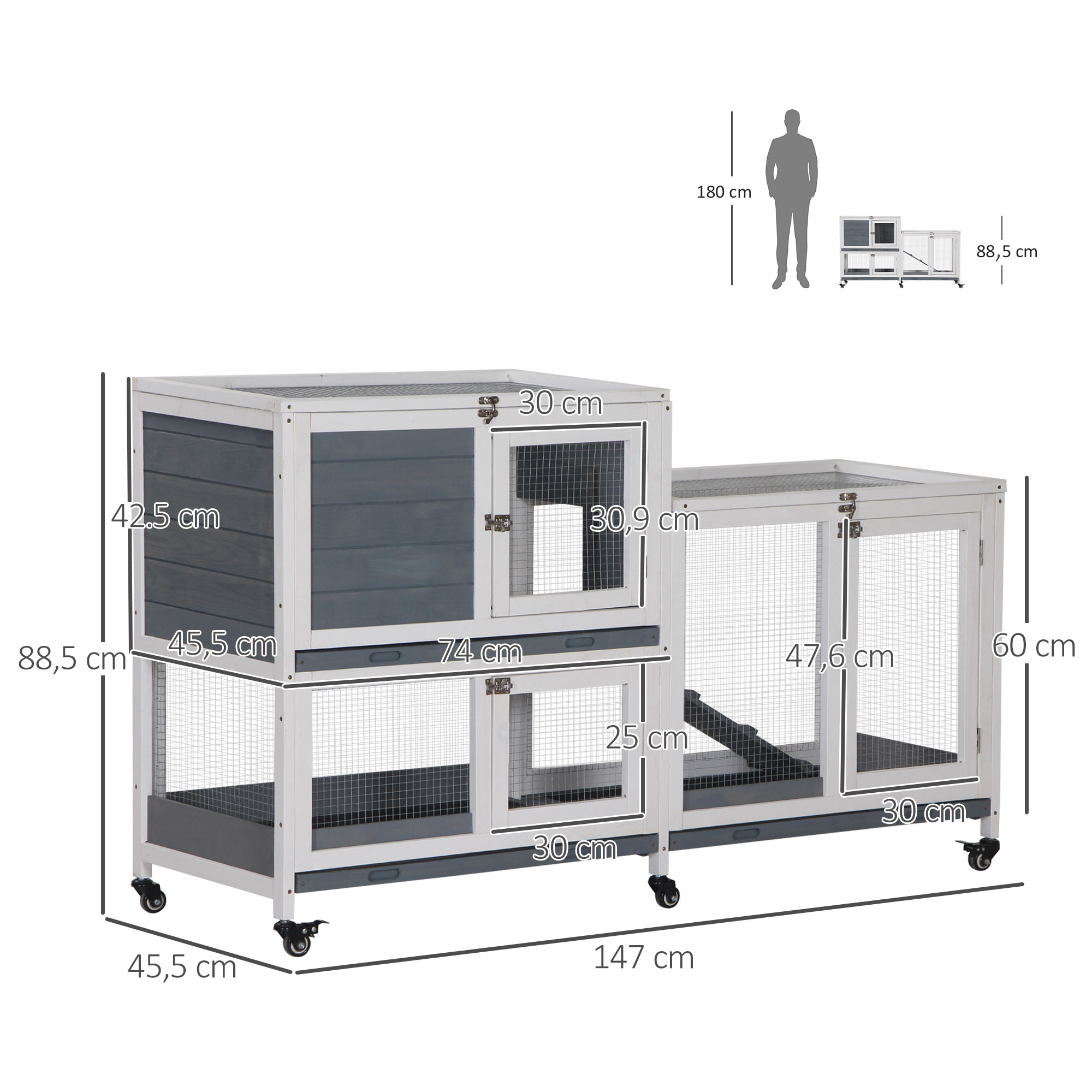 Conejera de Madera con Ruedas 147x45,5x88,5 cm Jaula para Conejos de 2 Niveles con Techo Abrible 2 Corrales de Metal 3 Bandejas Extraíbles 3 Puertas con Pestillo y Rampa Gris