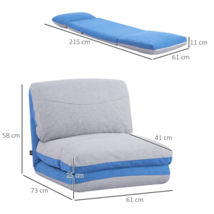 Chauffeuse - matelas d'appoint pliant - fauteuil convertible - inclinaison dossier réglable 5 positions - tissu polyester aspect lin gris clair bleu