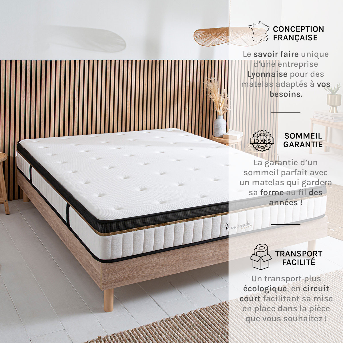 Ensemble Matelas Émeraude & Sommier Kit Bois, Mémoire de Forme & Air System, 25 cm, Accueil Moelleux, Soutien Ferme, Lattes Actives
