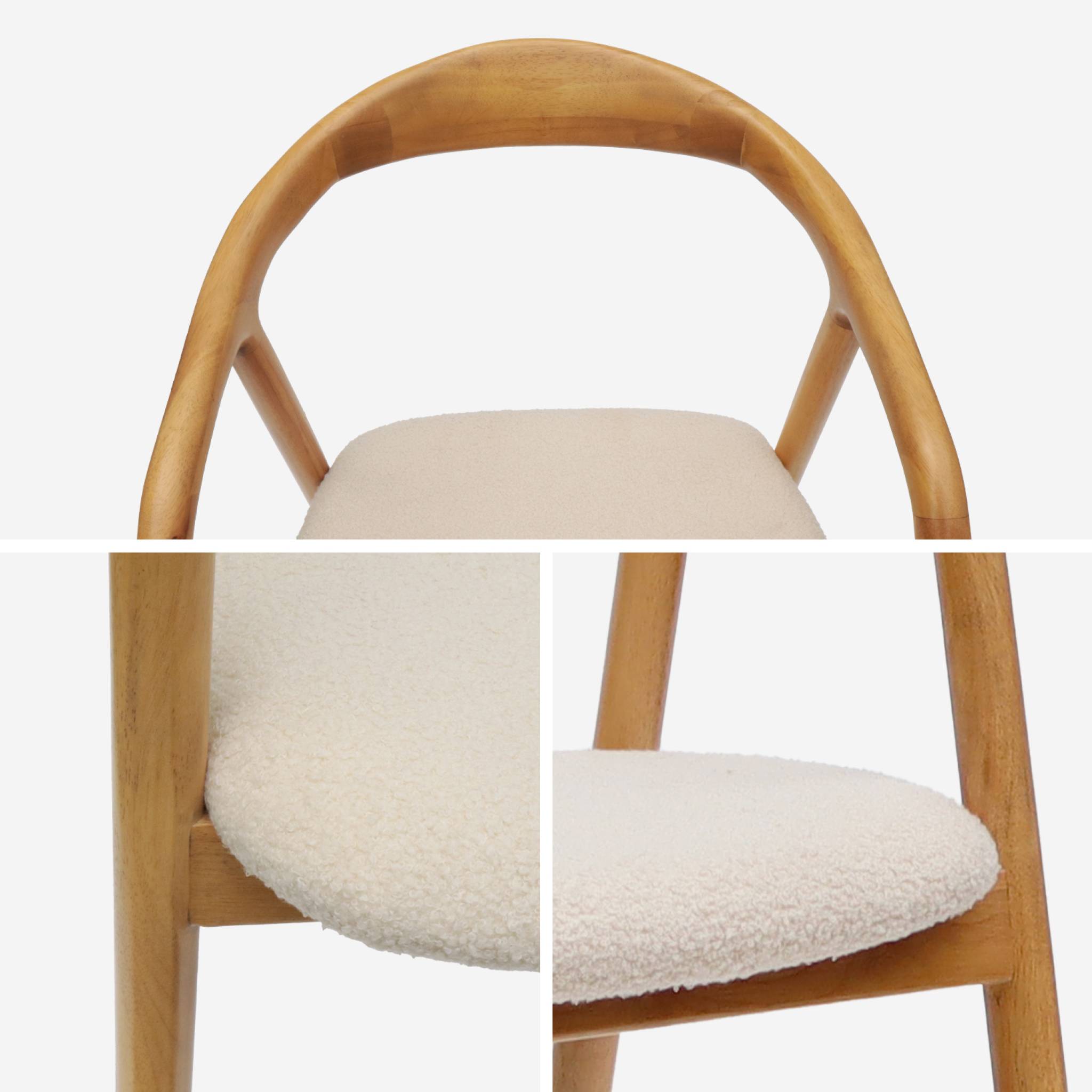 Lot de 2 fauteuils structure bois d'hévéa. assise bouclette teinte naturelle vintage. L 55 x P 57 x H 79cm