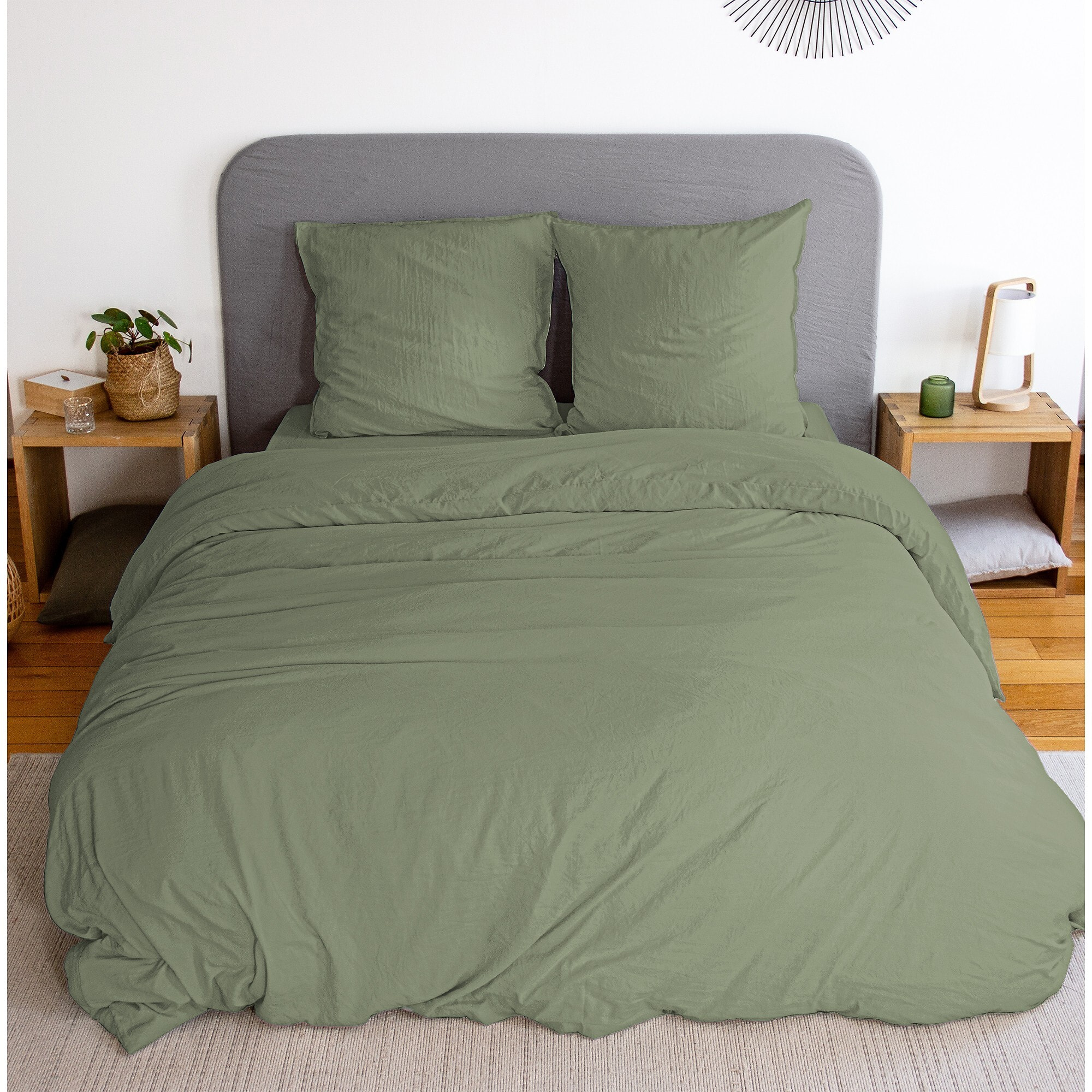 Parure housse de couette 3pc 100% microfibre lavee_vert olive