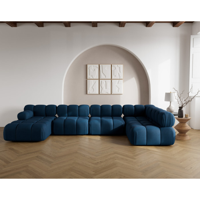 Ruby - canapé panoramique modulable d'angle droit 7 places en velours texturé - Bleu