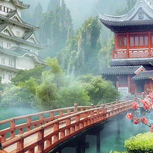 Affiche encadrée jardin japonais pagode Affiche + cadre en métal - Noir