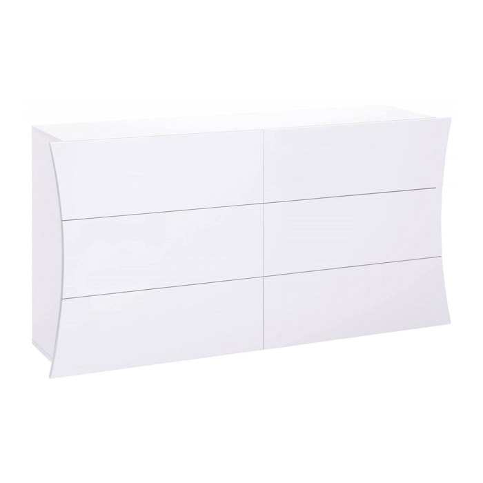 Comò geometrico moderno, Made in Italy, Mobiletto per Soggiorno e Camera, Credenza 6 cassetti, cm 155x40h82, colore Bianco lucido