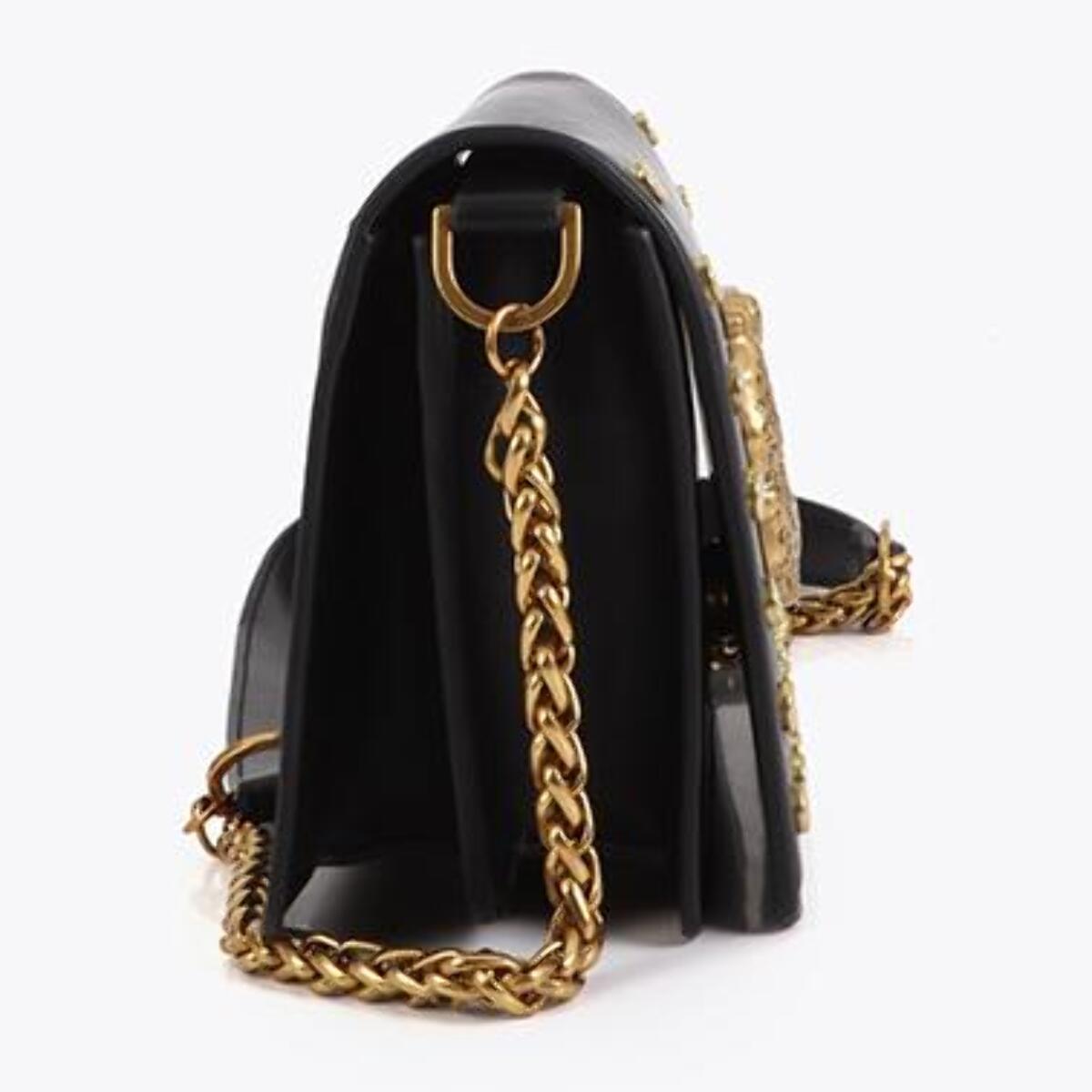 Borsa a tracolla con patta, stampa animalier LC, borchie