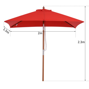 Parasol rectangulaire inclinable bois polyester haute densité 2L x 1,5l x 2,3H m rouge