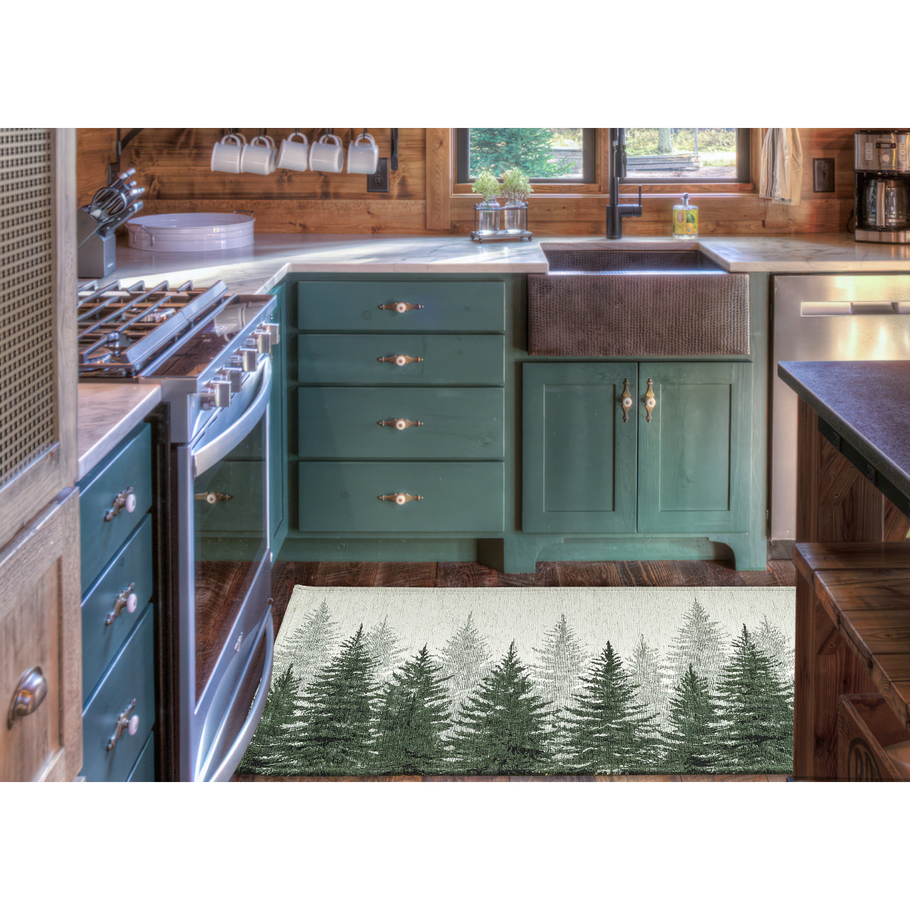 Tappeto Jacquard Ideale Cucina Ingresso Made In Italy Antiscivolo, Lavabile, Morbido Disegno Abeti Verde By Suardi