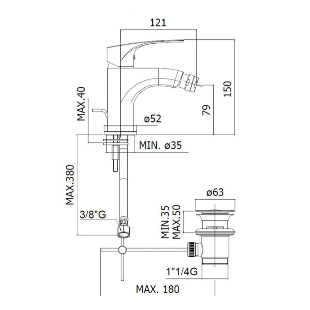 Project mitigeur de bidet à levier, avec vidage, noir mat (SATBSPRO235C)