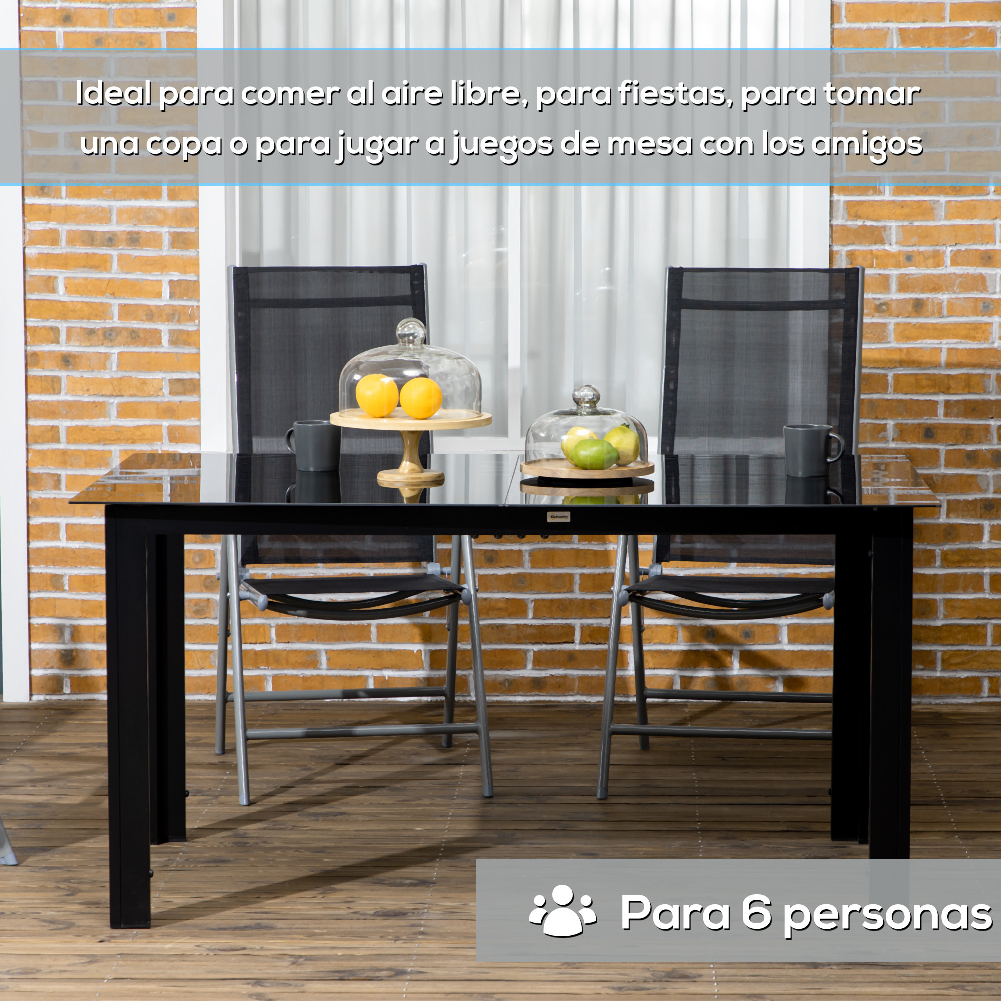 Mesa de Jardín Rectangular para 6 Personas Mesa de Comedor Exterior con Marco de Aluminio y Tablero de Vidrio Templado Carga 50 kg para Terraza Balcón 150x90x74 cm Negro