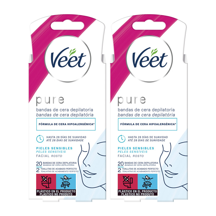 Veet Pure Bandas de Cera Fría Depilatoria para Depilación Facial, Adecuado para Labio Superior (Bigote), para pieles sensibles,Pack 2x 20 tiras