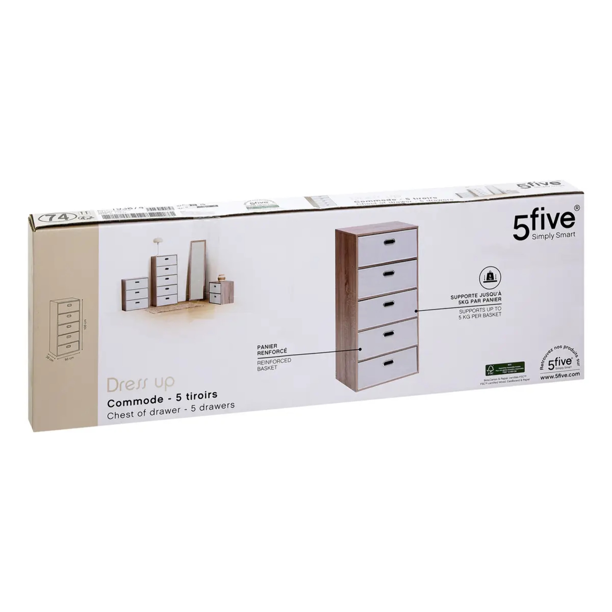Commode 5 tiroirs Dress Up bois clair