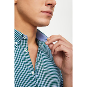 Camicia Uomo 1 Bottone Button Down Manica Corta Slim Cotone Poliestere Quadro Piccolo Celeste e Verde Scuro