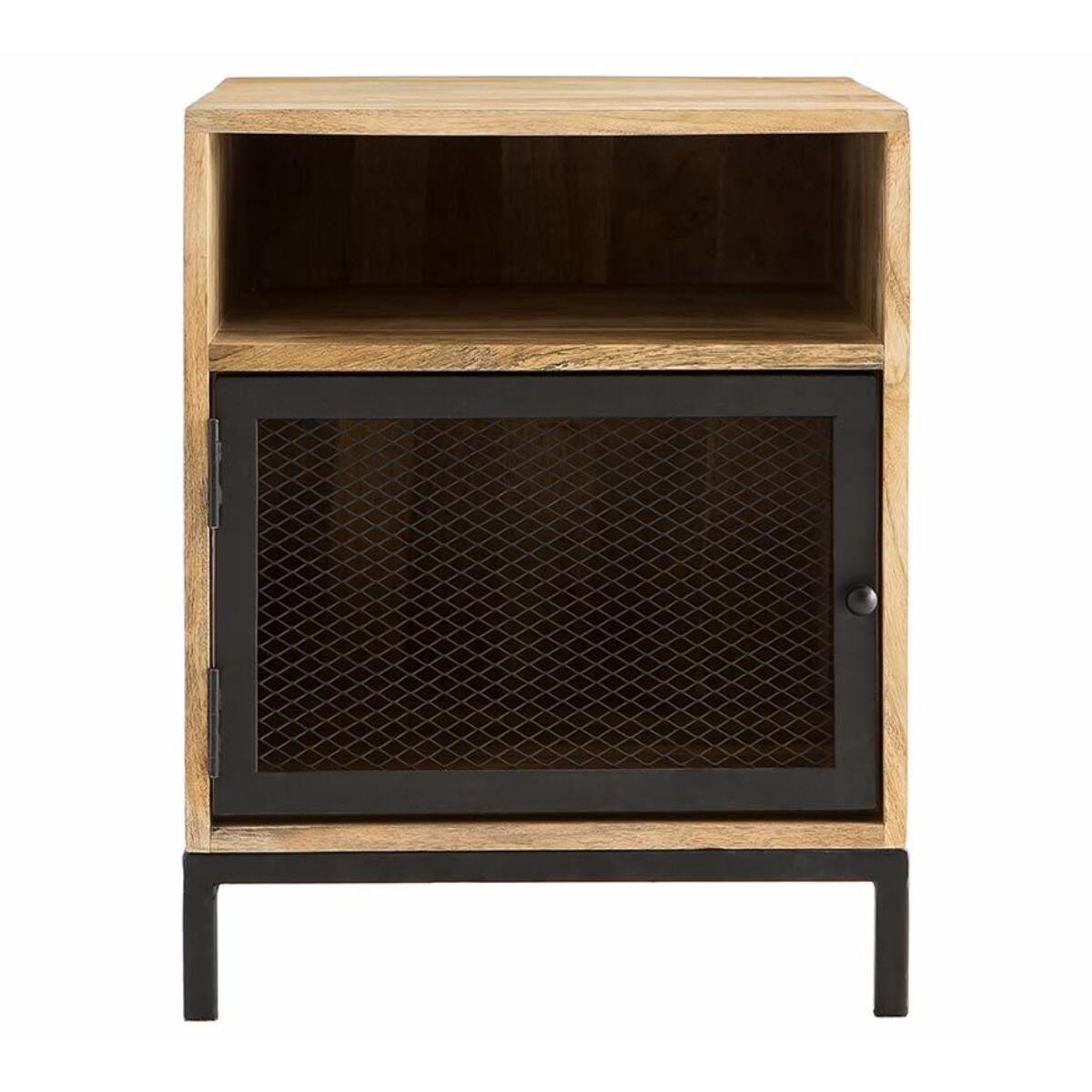Table de chevet avec rangements industriel bois manguier massif et métal perforé RACK