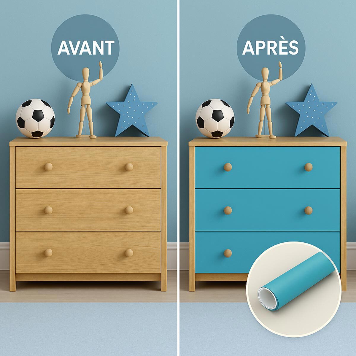 Rouleau adhésif décoratif Vinyle au Mètre - Bleu ciel - Sticker Lavable Imperméable Mur Cuisine Meubles