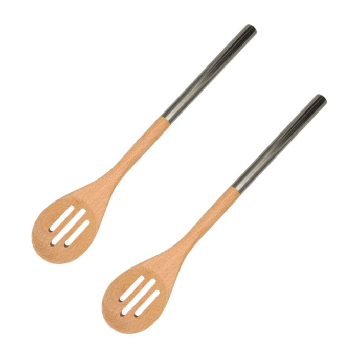 Ensemble de 2 Cuillères en bois ajourée avec manche inox 34 cm en tout Fackelmann Boissellerie