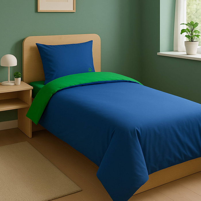 Set de cama 90 - 100 cm 100%algodón - funda nórdica reversible 150x210cm + sábana bajera 100x200+30cm + funda de almohada 50x70cm - verde y azul rainbow benetton