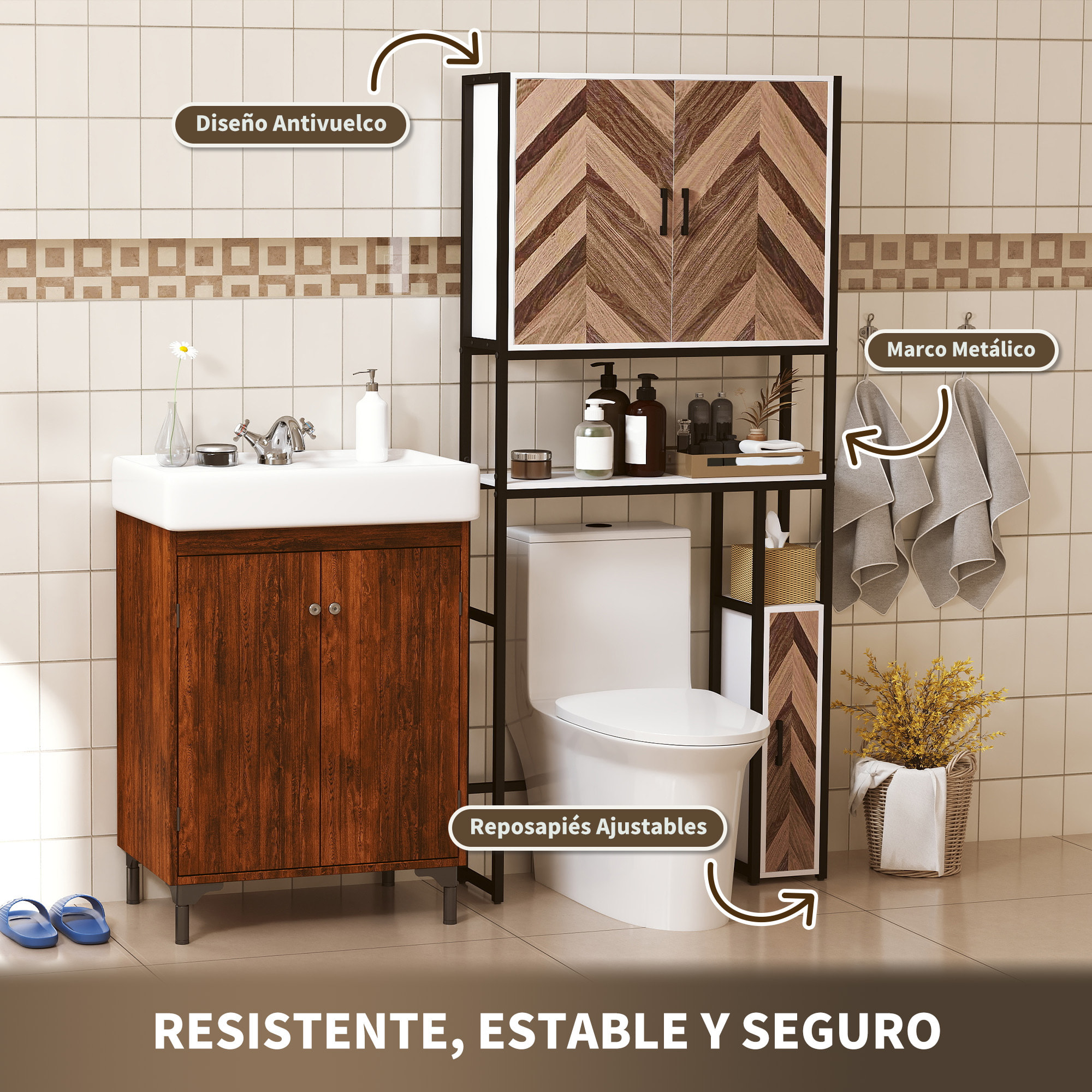 Mueble sobre Inodoro Armario sobre Inodoro con 3 Puertas 2 Estantes Ajustables y Compartimento Abierto Mueble de Baño 79,5x23x178 cm Multicolor