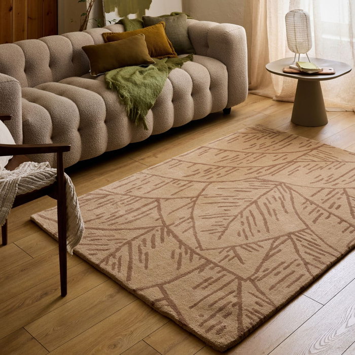 PANTONE - Tapis en laine fait main CEDRE BLANC à motif feuille marron
