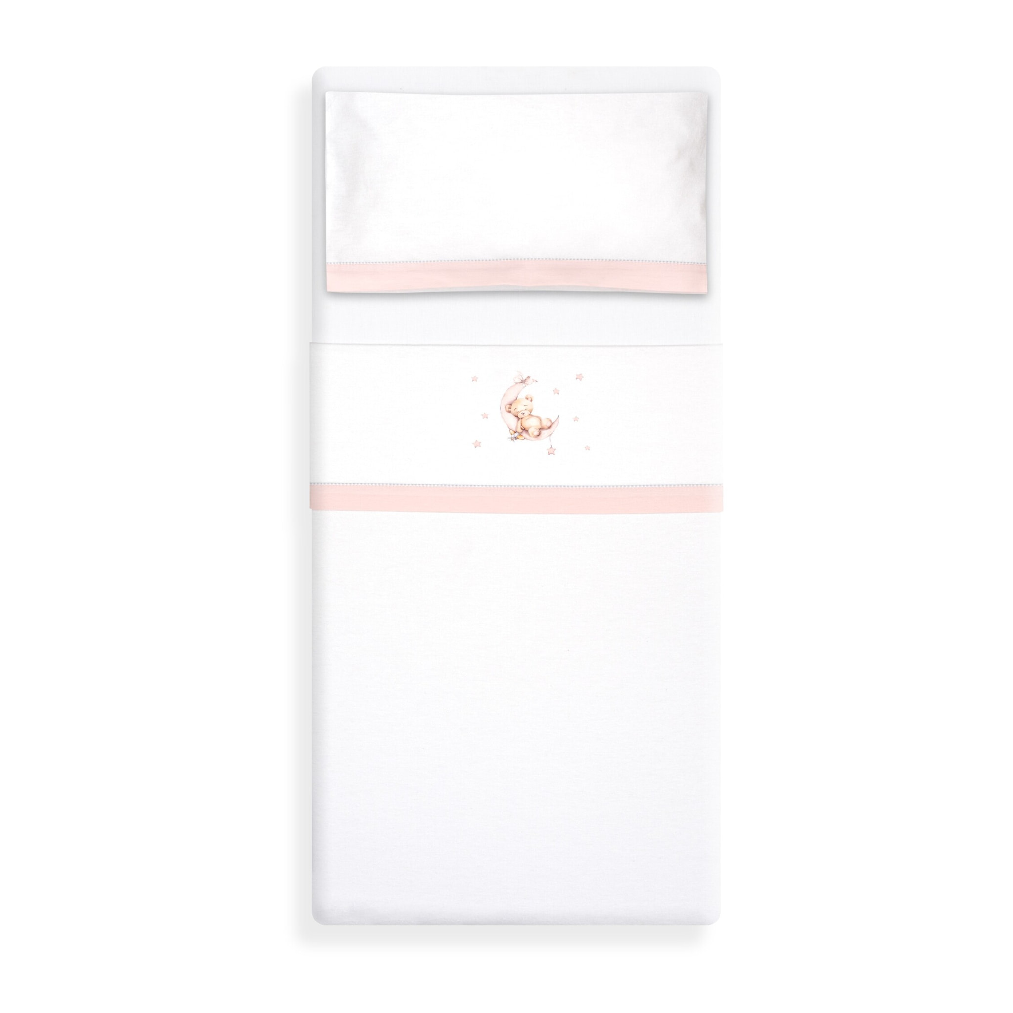 Triptico Minicuna Franela Estampado Oso Luna Estrellas Bco/Rosa