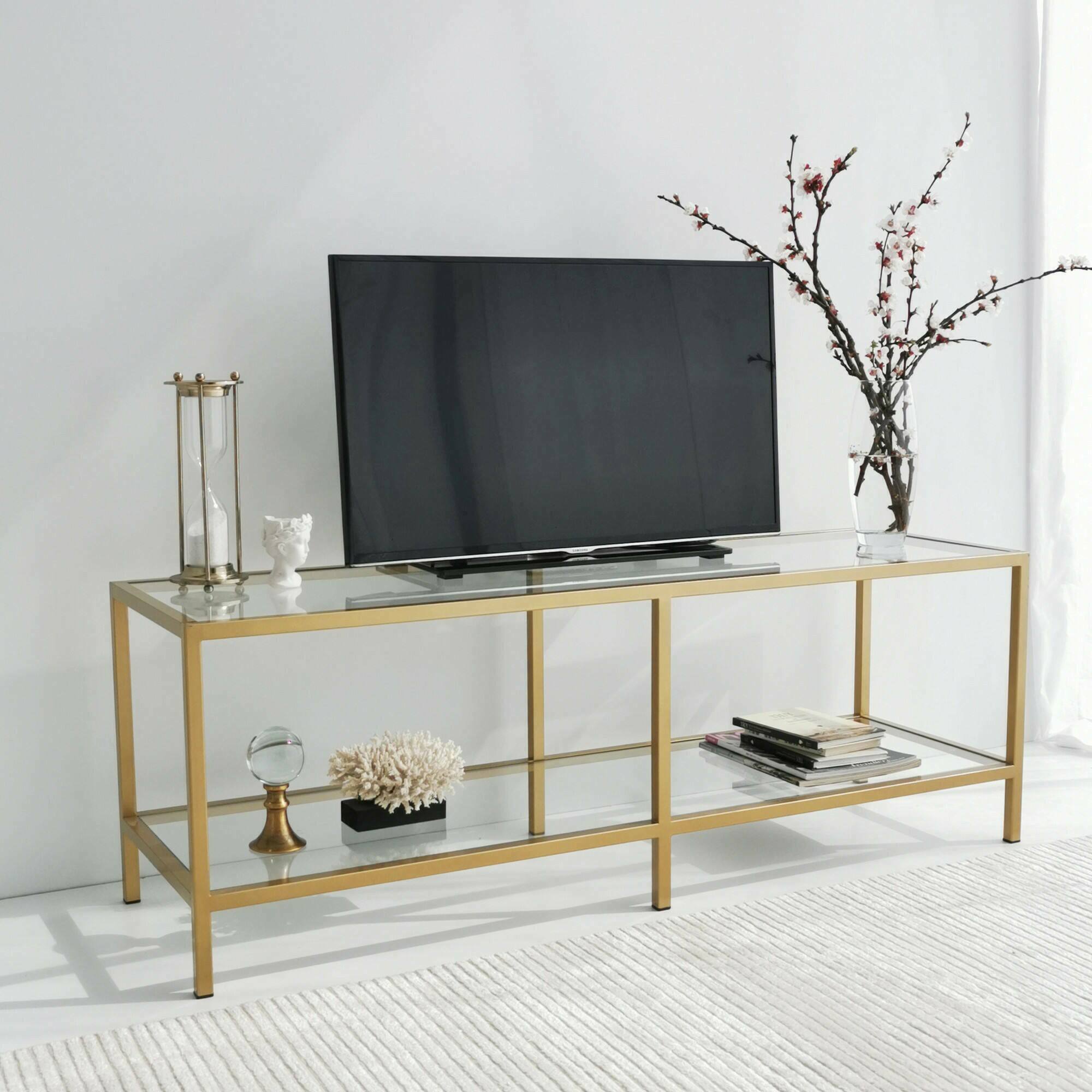 Mobile porta TV Dklaasse, Credenza da soggiorno, Armadio basso per TV, Base parete attrezzata, 130x40h45 cm, Oro