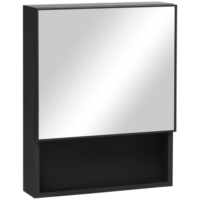 Armoire murale de rangement salle de bain avec porte miroir étagère niche acier inox. noir