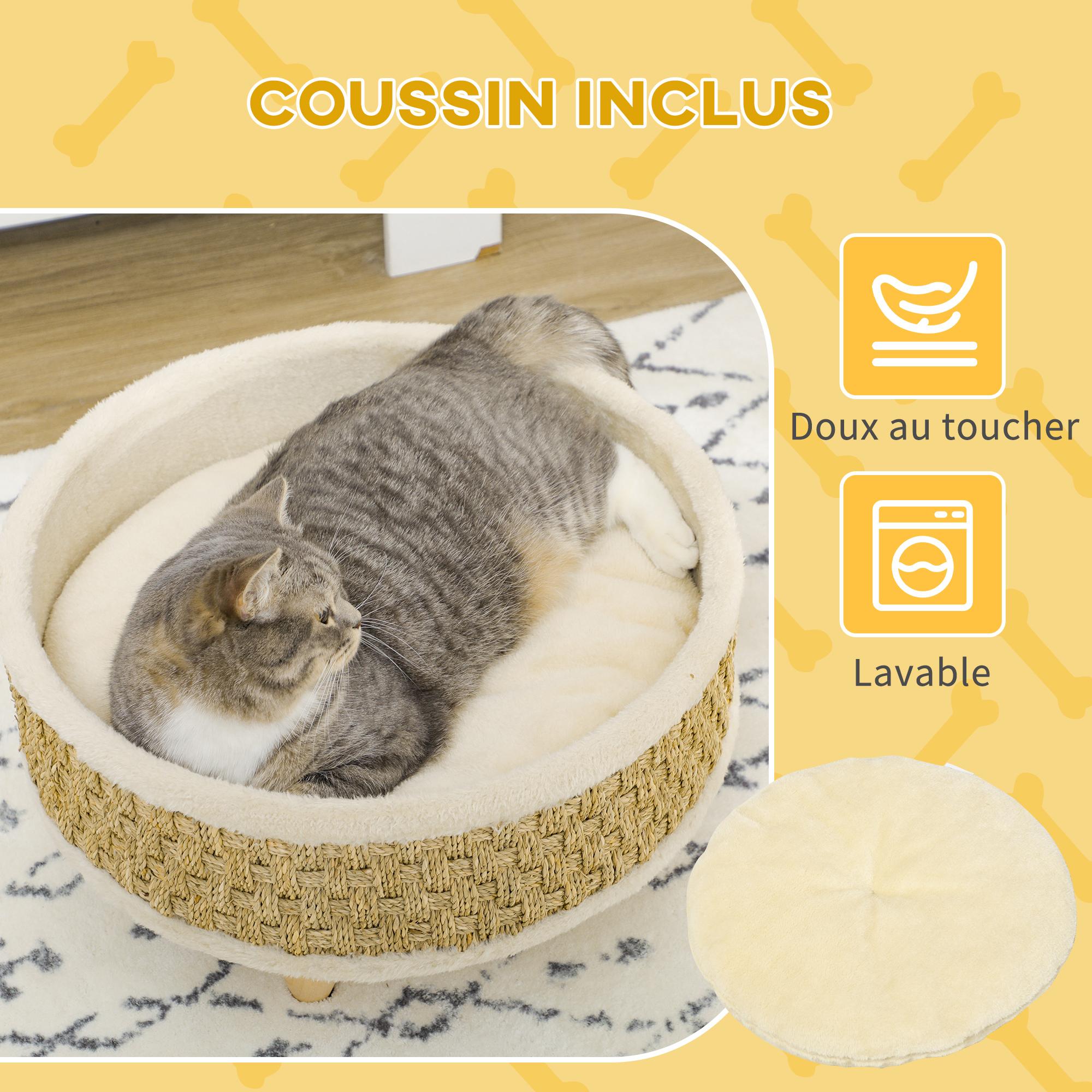 Canapé panier lit chien chat style cosy naturel - coussin inclus - dim. Ø 48 x 24,5H cm - bois pin jonc de mer