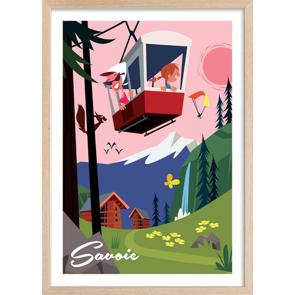 Poster retro savoie ou bien ! Affiche + cadre en bois - Chêne