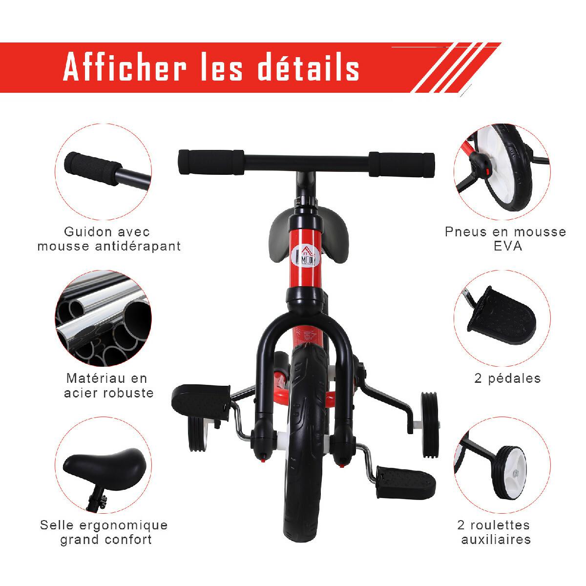 Vélo enfant draisienne 2 en 1 roulettes et pédales amovibles roues 11'' hauteur selle réglable acier rouge